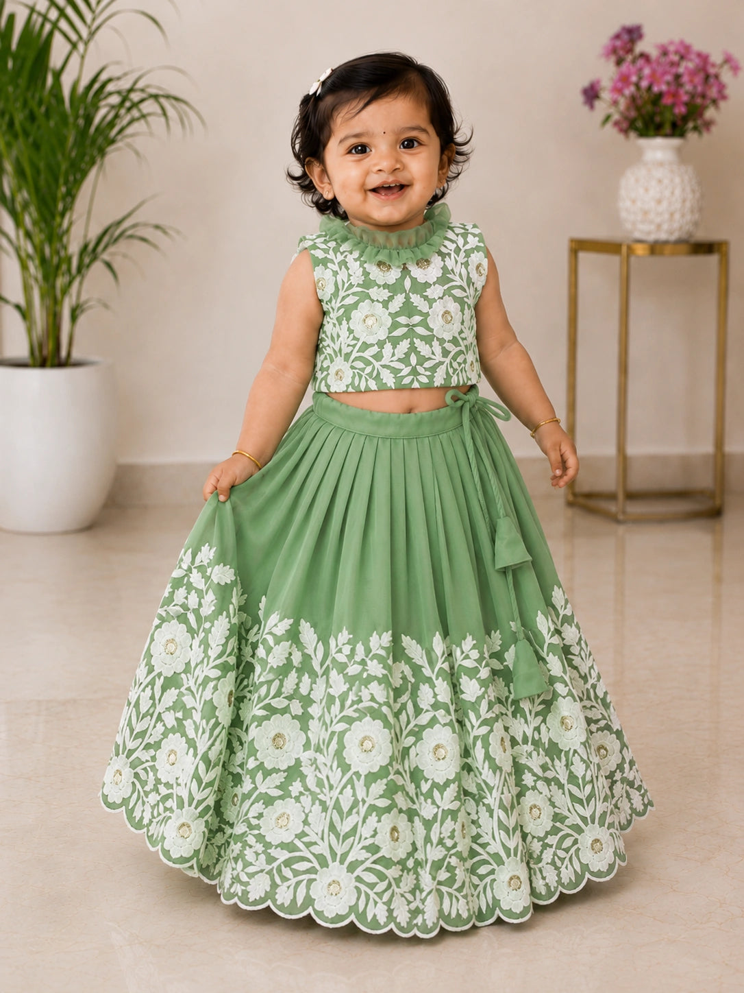 Royal Embroidered Lehenga Set for Girls - Mint Green