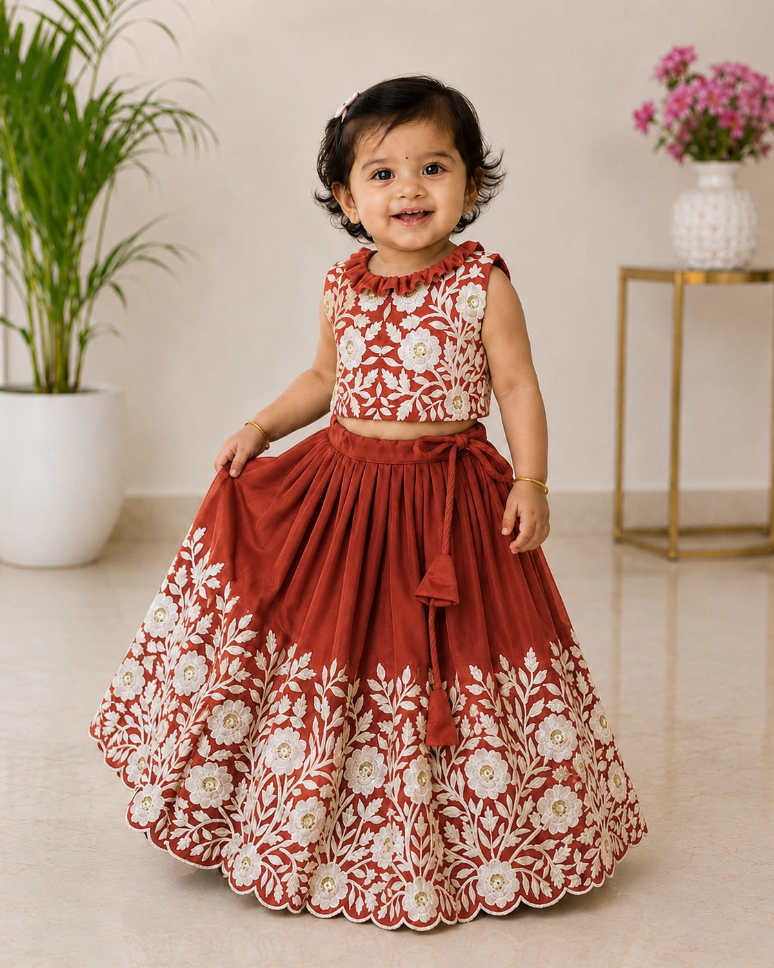 Royal Embroidered Lehenga Set for Girls - Rust Orange