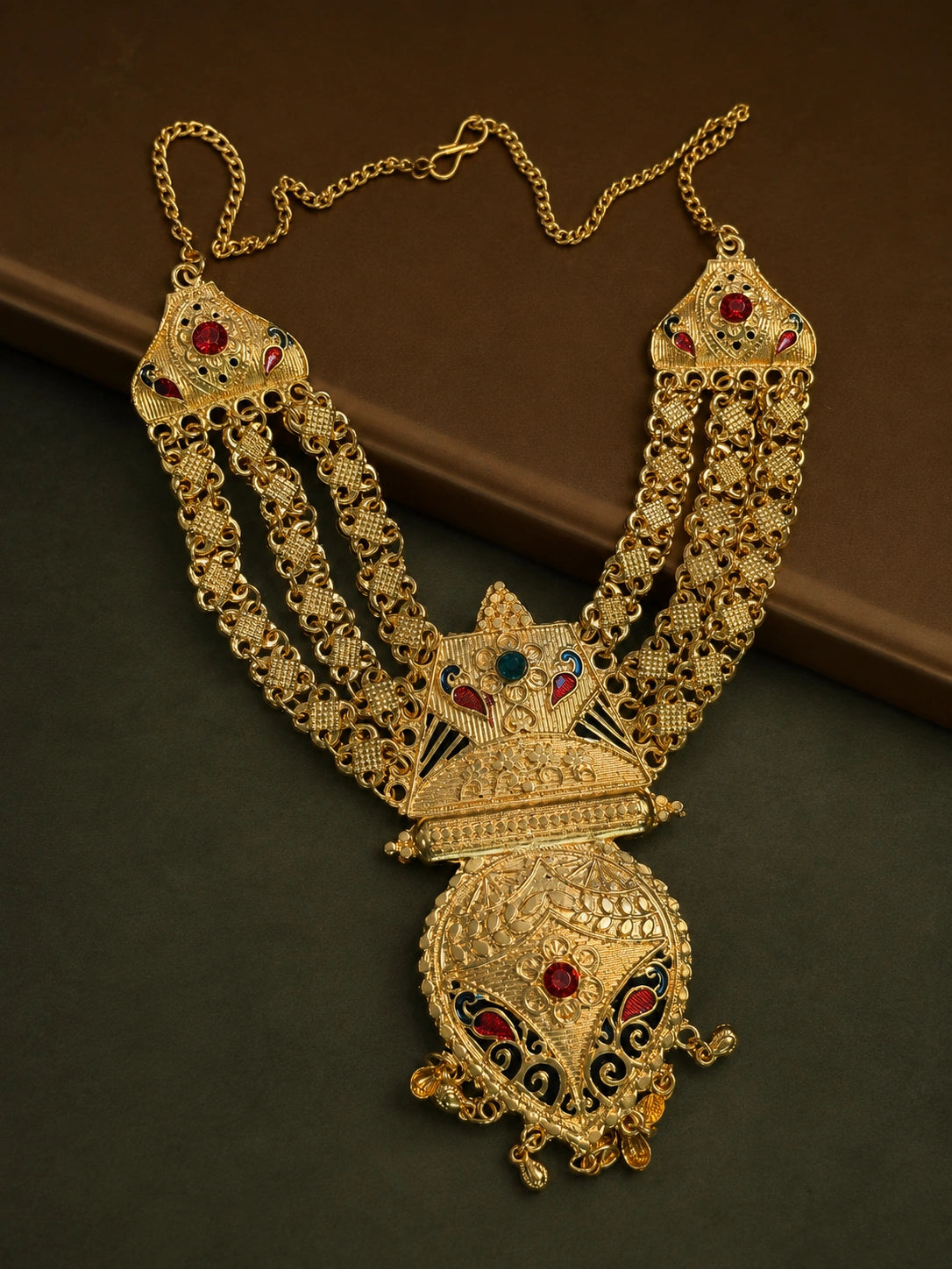 Gold Multi-Strand Floral Necklace with Meenakari & Tassel Pendant