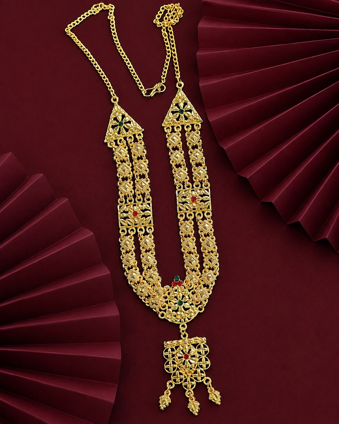 Gold Rajasthani Multi-Strand Necklace with Meenakari Dome Pendant