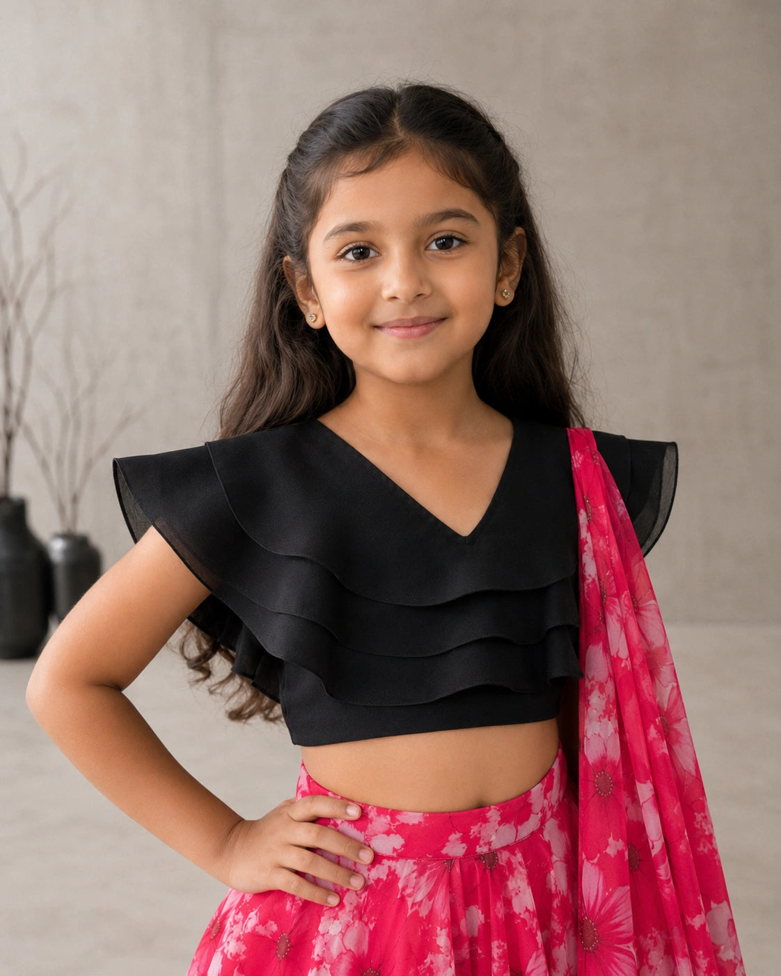 Girls Floral Print Lehenga Choli Set with Dupatta - Black & Pink