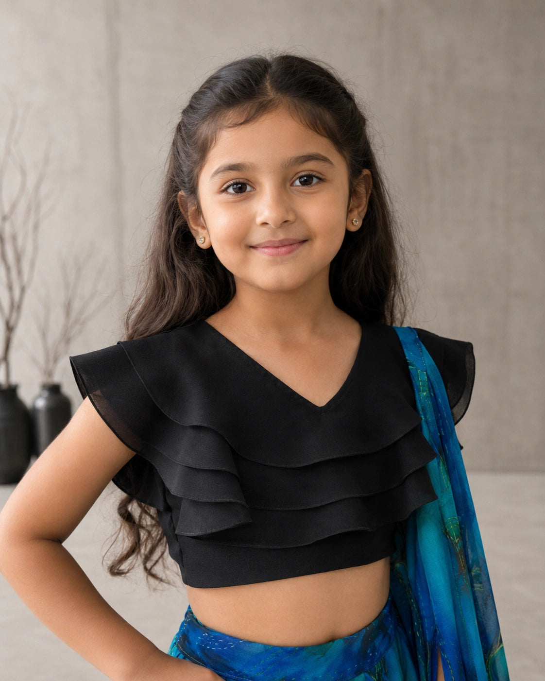 Girls Peacock Print Lehenga Choli Set with Dupatta - Black & Blue
