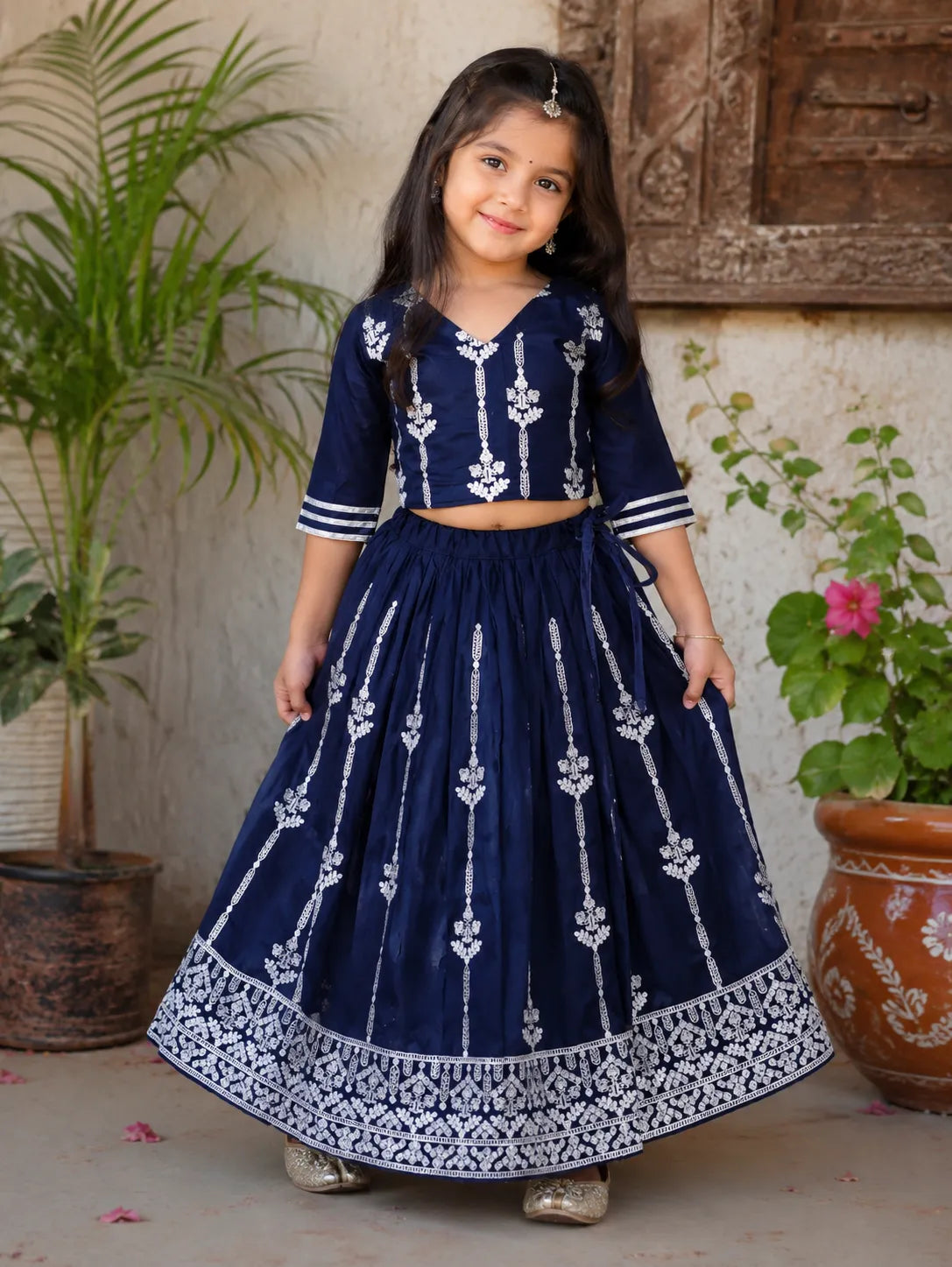 Girls Designer Ethnic Lehenga Set - Navy Blue