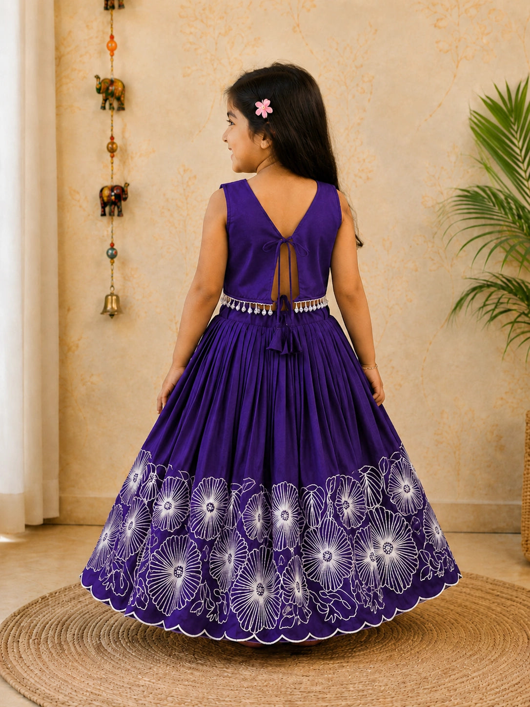 Girls Floral Embroidered Lehenga Choli Set - Purple