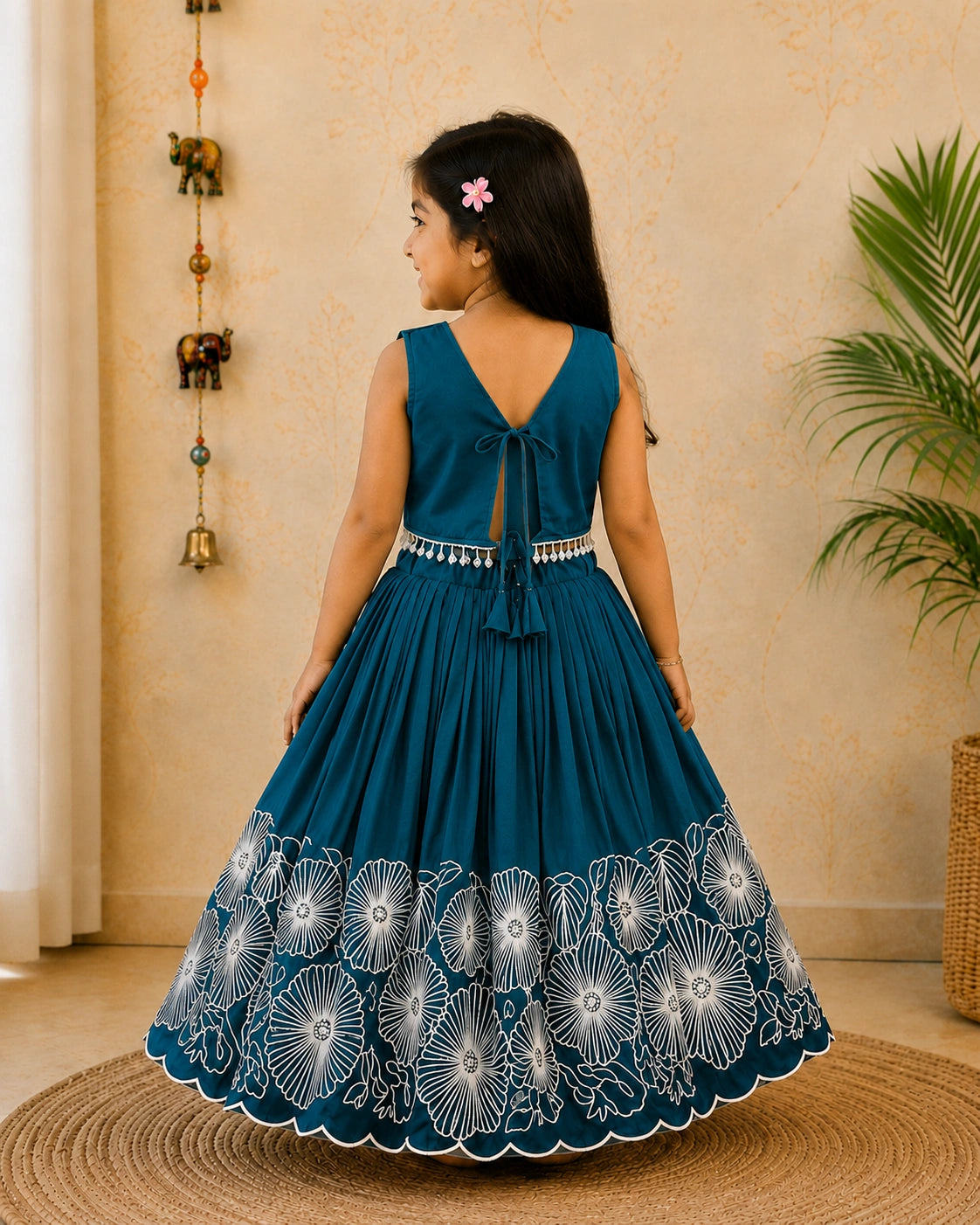 Girls Floral Embroidered Lehenga Choli Set - Teal Green
