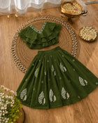 Girls Lehenga Choli Set Layered Ruffle Blouse - Mehndi