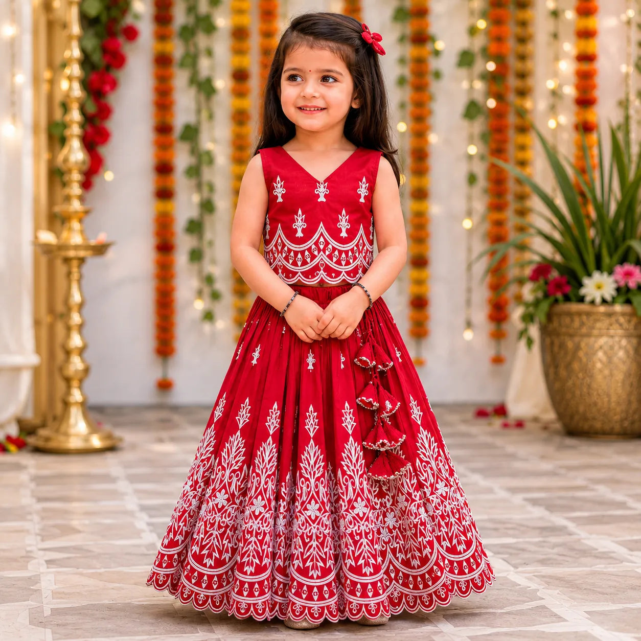 Girls Designer Embroidered Lehenga Choli Set - Ruby Red