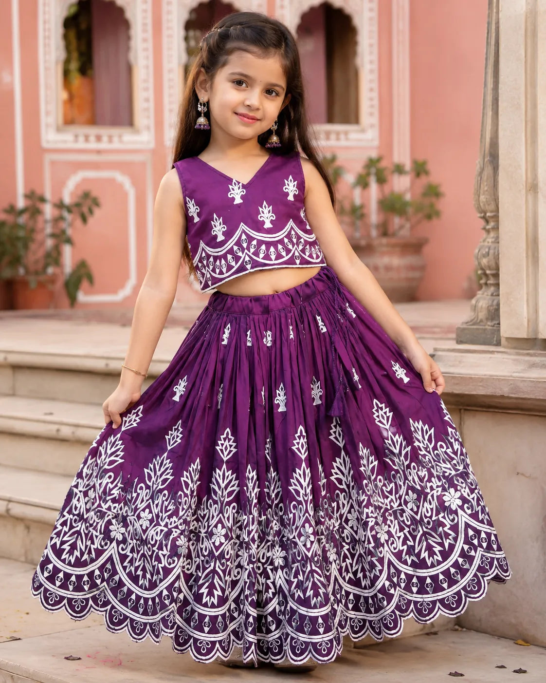 Girls Designer Embroidered Lehenga Choli Set - Wine Purple