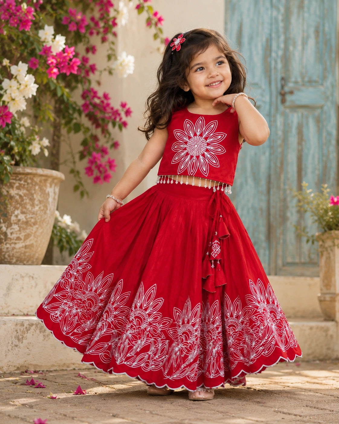 Girls Floral Embroidered Lehenga Choli Set - Ruby Red