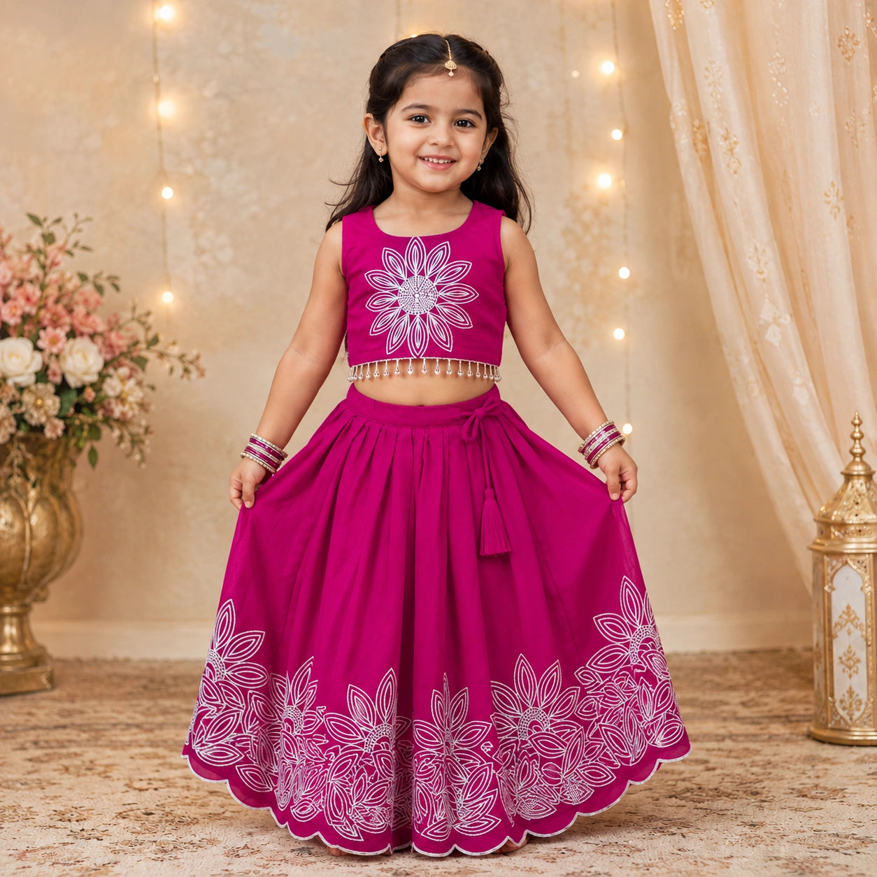 Girls Floral Embroidered Lehenga Choli Set - Rani Pink