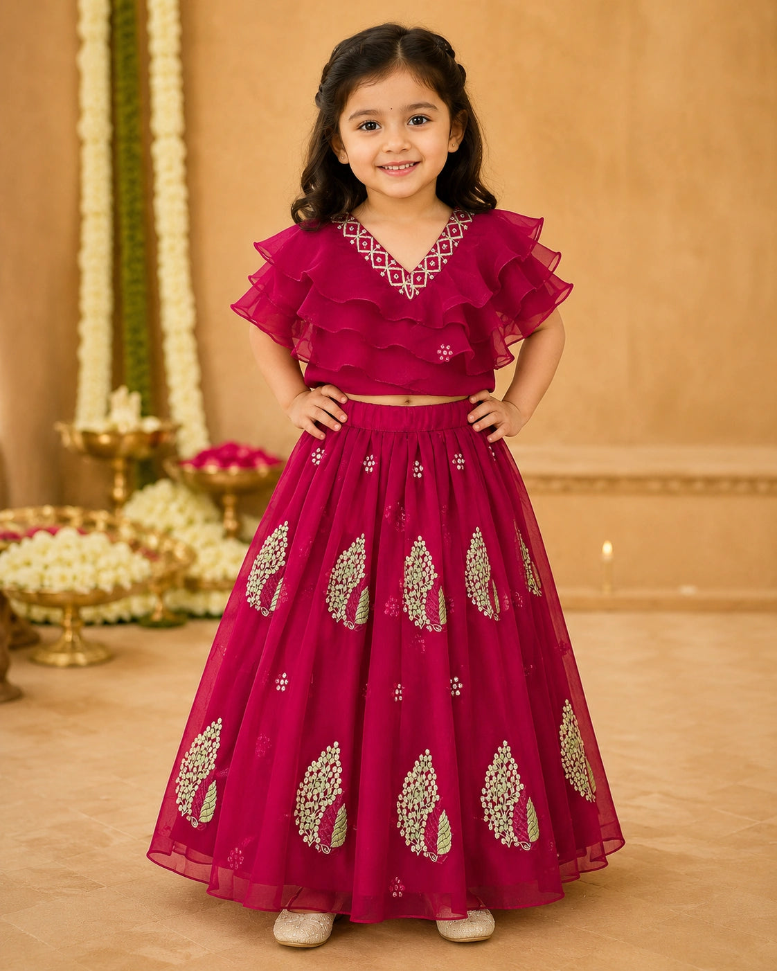 Girls Lehenga Choli Set Layered Ruffle Blouse - Rani Pink