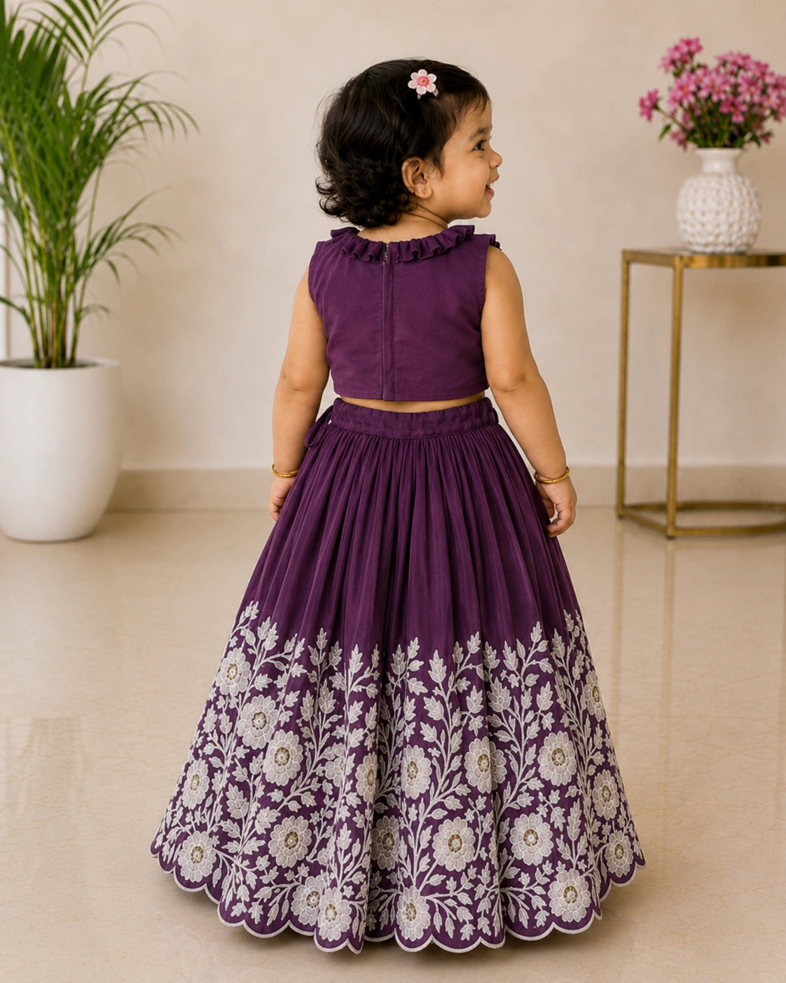 Royal Embroidered Lehenga Set for Girls - Plum Purple