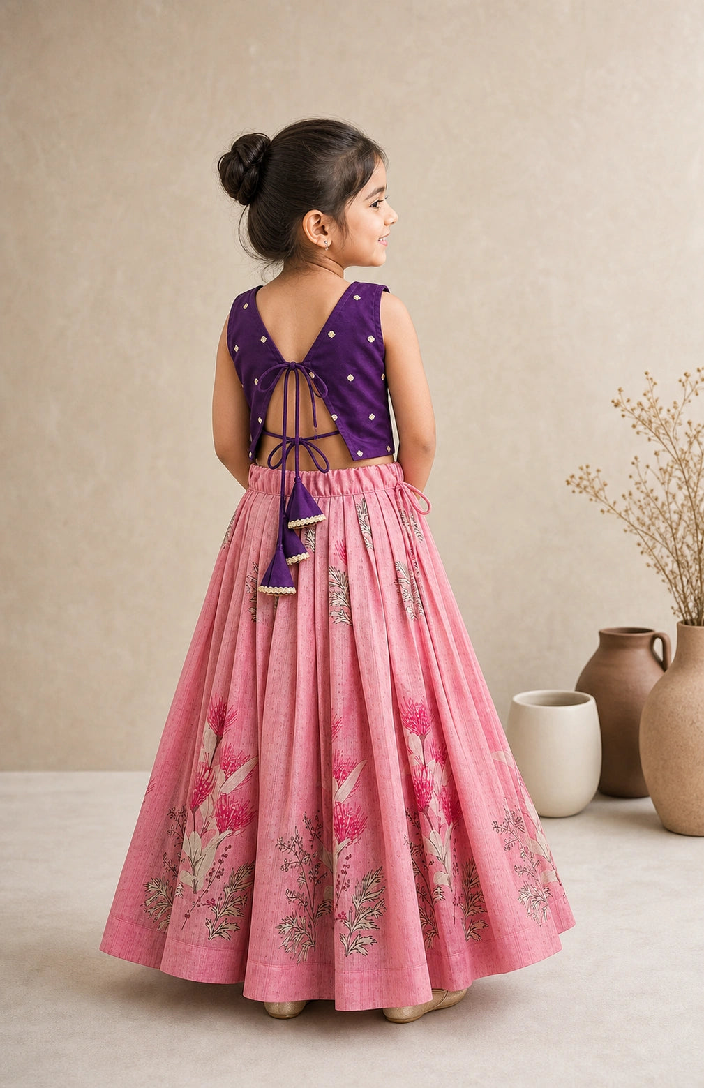 Young girl in a pink and purple traditional outfit standing against a beige background.