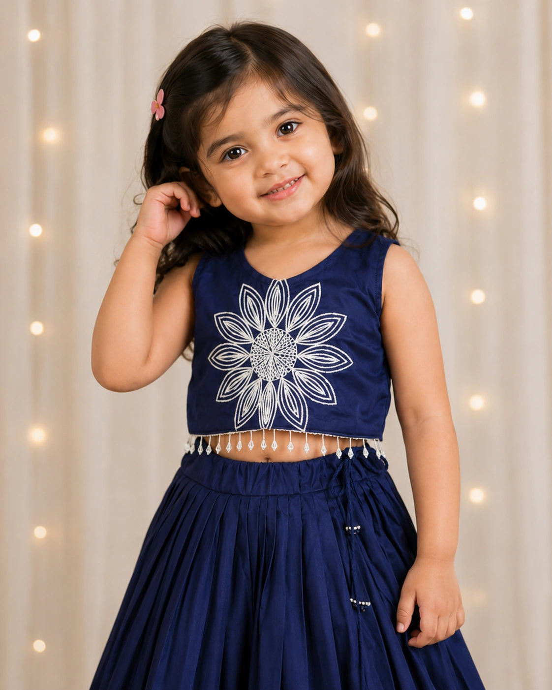 Girls Floral Embroidered Lehenga Choli Set - Midnight Navy
