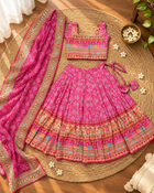 Girls Pink Printed Lehenga Choli Set with Dupatta