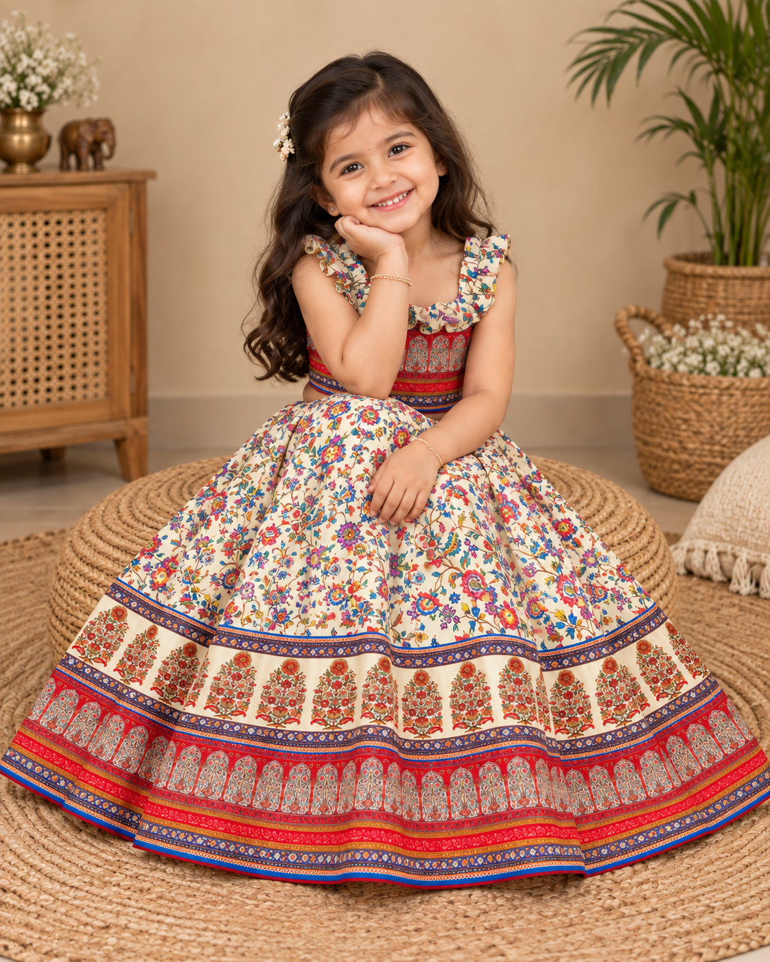 Girl sitting in a cream floral printed lehenga choli set