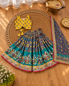 Girls Yellow, Navy & Teal Printed Lehenga Choli Set with Dupatta