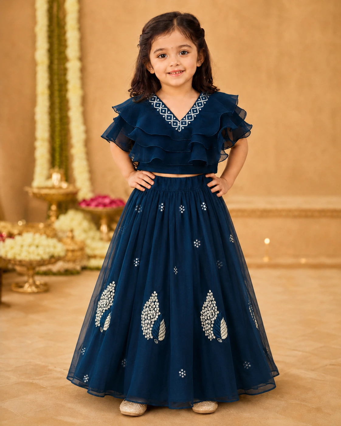 Girls Lehenga Choli Set Layered Ruffle Blouse - Sapphire Blue
