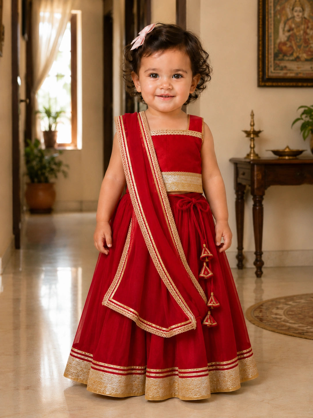 Child wearing a red traditional outfit with gold details in an indoor setting.