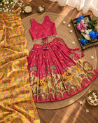 Girls Raspberry Pink & Mustard Printed Lehenga Choli Set with Dupatta
