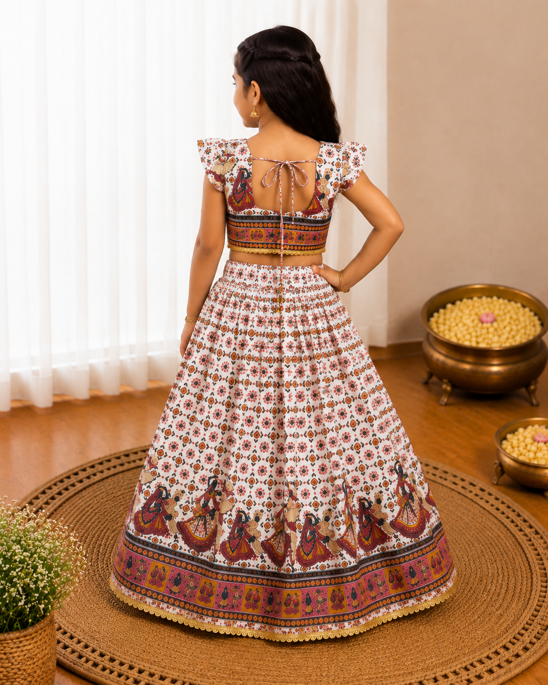 White Dandiya Garba Print Lehenga Choli - Flat Lay on Rattan Tray