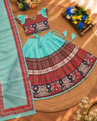 Girls Turquoise & Maroon Printed Lehenga Choli Set with Dupatta