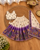 Girls Cream & Purple Printed Lehenga Choli Set with Dupatta