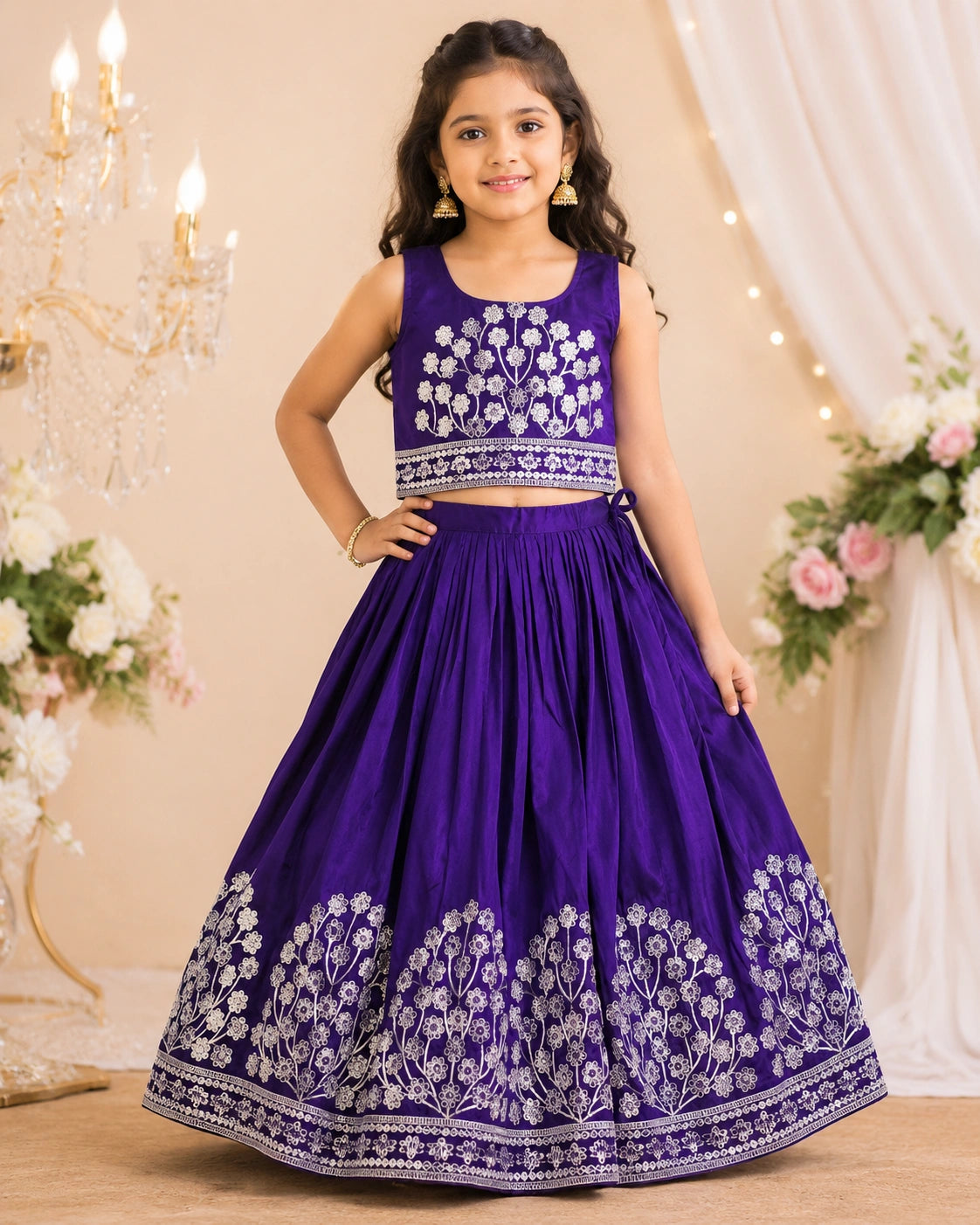Girls Embroidered Lehenga Choli Set – Purple