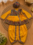 Yellow Embroidered Kediyu with Dhoti Pants & Cap