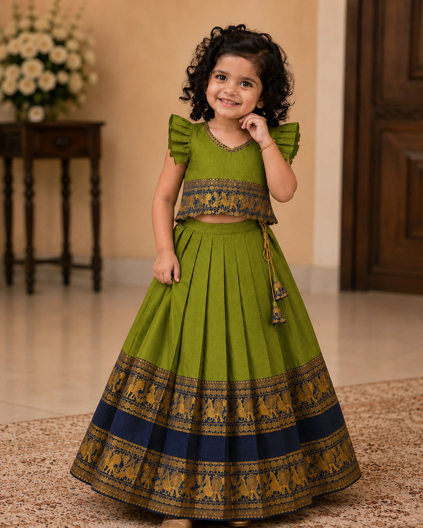Young girl in a green traditional outfit with floral patterns indoors.