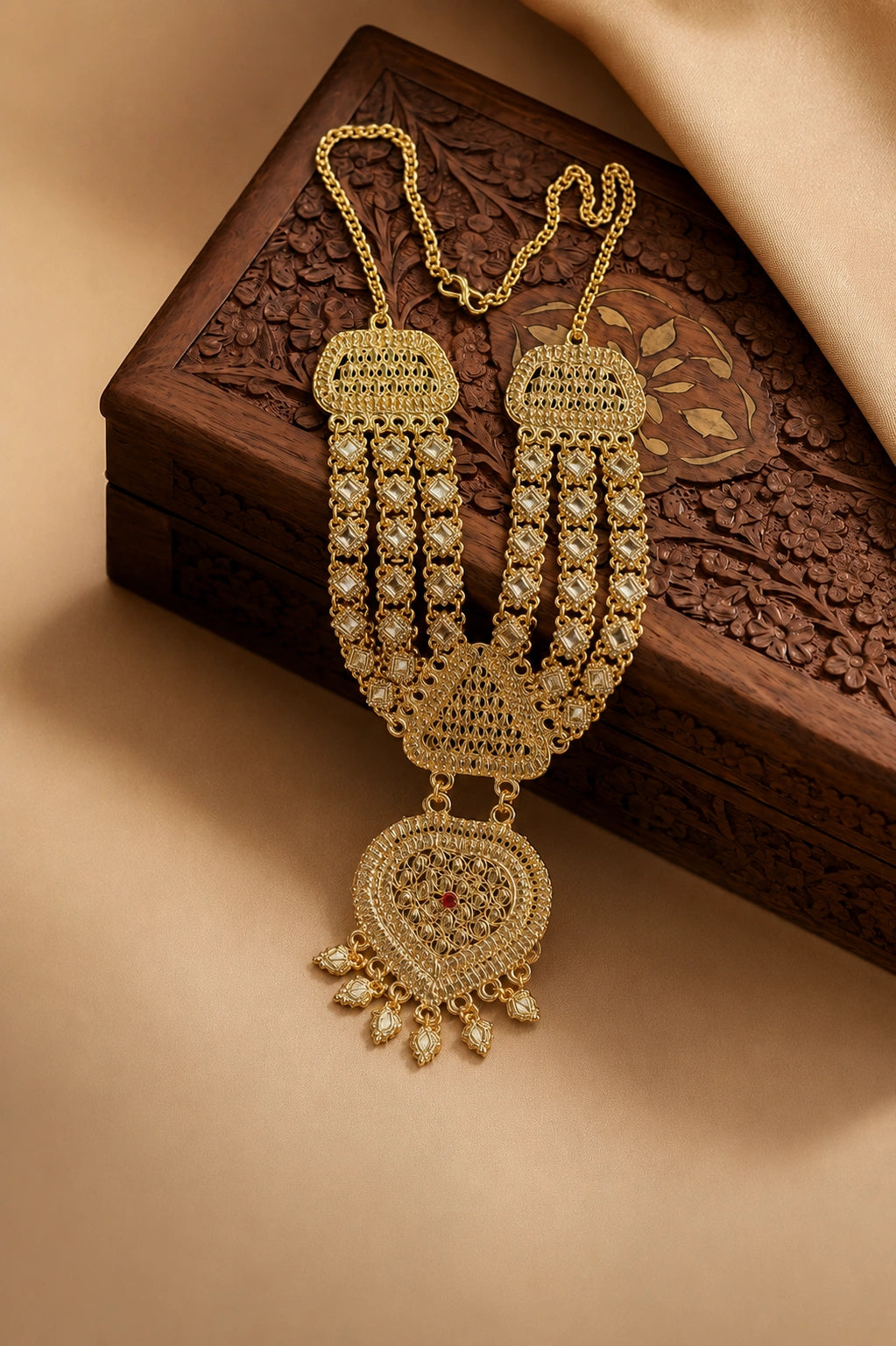 An ornate gold-toned traditional necklace with intricate filigree, beadwork, and a large teardrop pendant, displayed on a carved wooden box against a warm beige background.