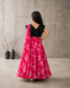 Girls Floral Print Lehenga Choli Set with Dupatta - Black & Pink