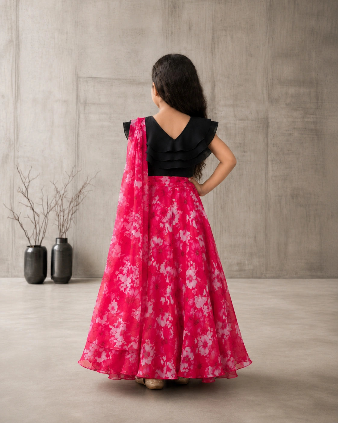 Girls Floral Print Lehenga Choli Set with Dupatta - Black & Pink