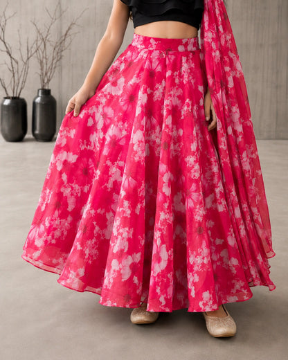 Girls Floral Print Lehenga Choli Set with Dupatta - Black & Pink