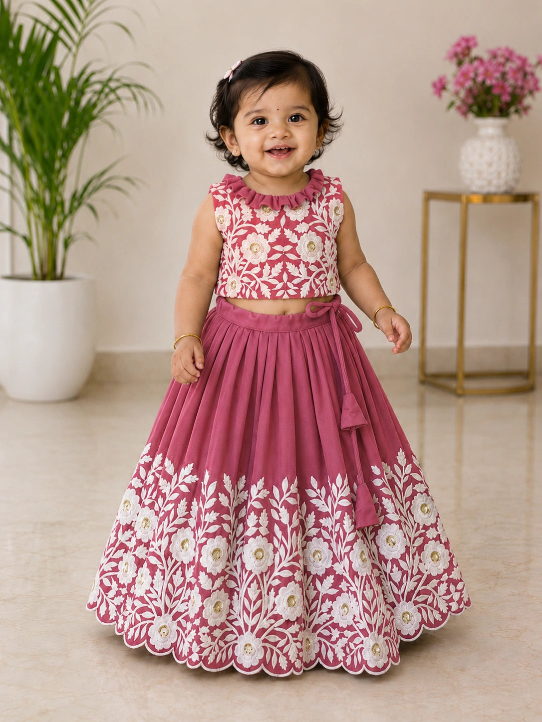 Royal Embroidered Lehenga Set for Girls - Rose Pink