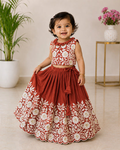 Royal Embroidered Lehenga Set for Girls - Rust Orange