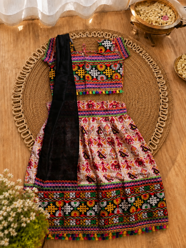 Cream Patola Lehenga Choli Set - Flat Lay with Black Dupatta