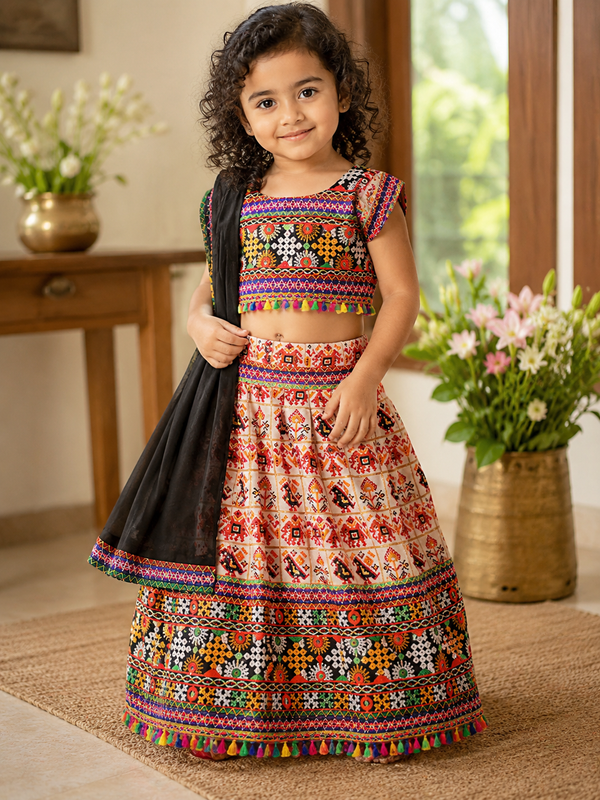 Cream Patola Lehenga Choli Set - Girl Front View Smiling