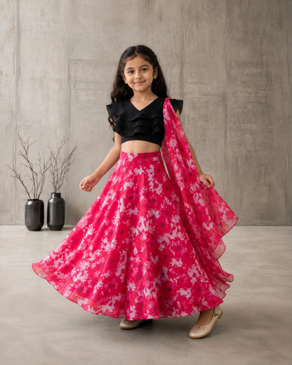 Girls Floral Print Lehenga Choli Set with Dupatta - Black & Pink