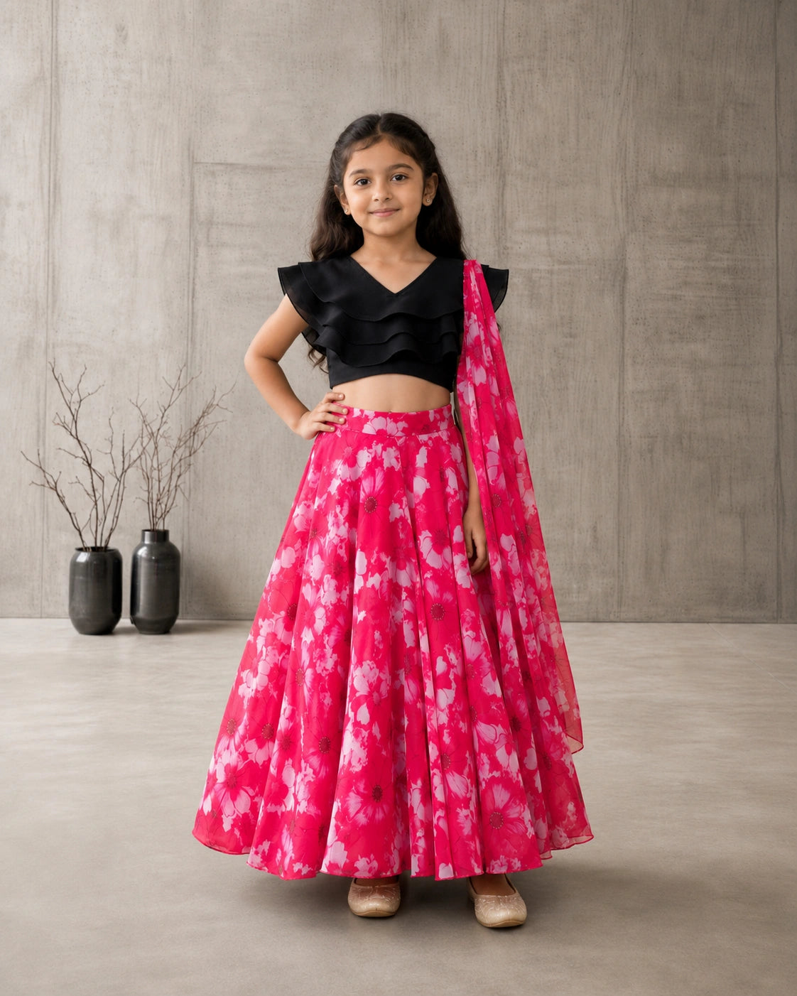Girls Floral Print Lehenga Choli Set with Dupatta - Black & Pink