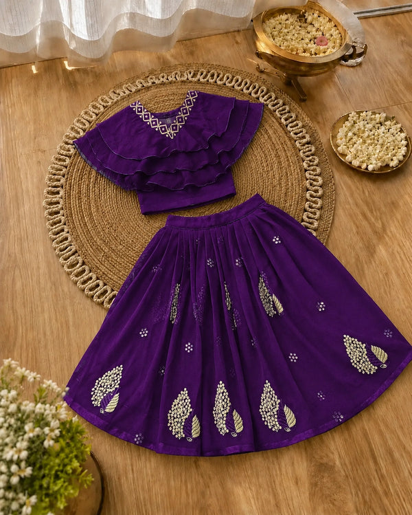Girls Lehenga Choli Set Layered Ruffle Blouse - Rich Purple