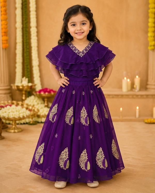 Girls Lehenga Choli Set Layered Ruffle Blouse - Rich Purple