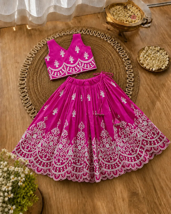 Girls Designer Embroidered Lehenga Choli Set - Rani Pink