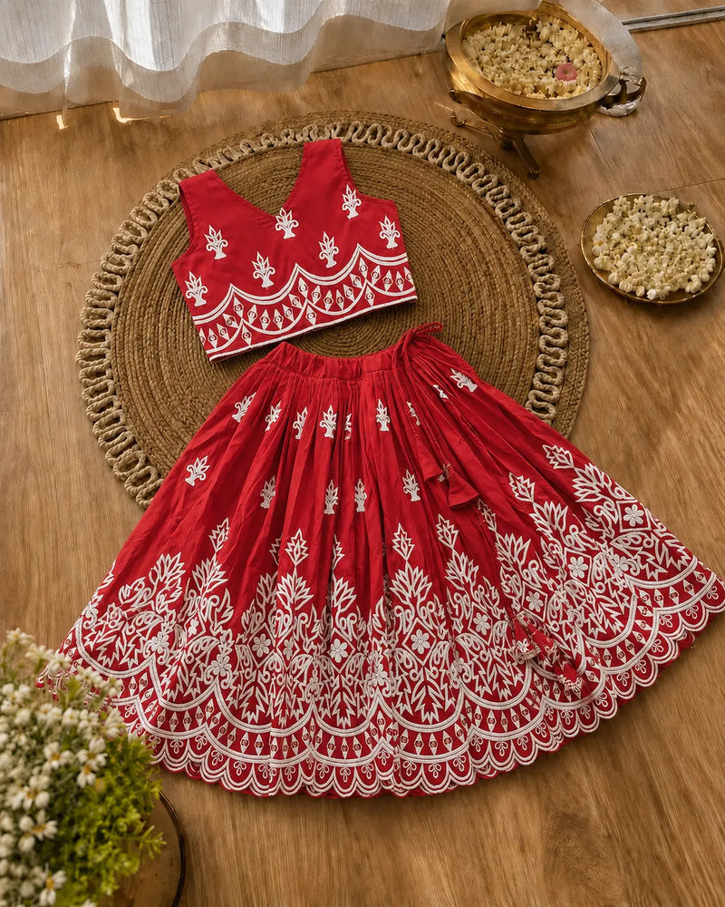 Girls Designer Embroidered Lehenga Choli Set - Ruby Red