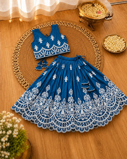 Girls Designer Embroidered Lehenga Choli Set - Teal Blue