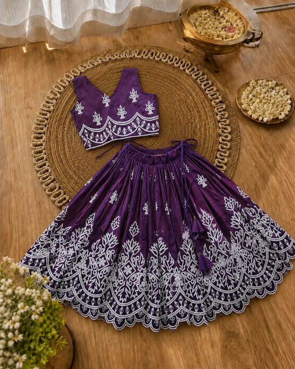 Girls Designer Embroidered Lehenga Choli Set - Wine Purple