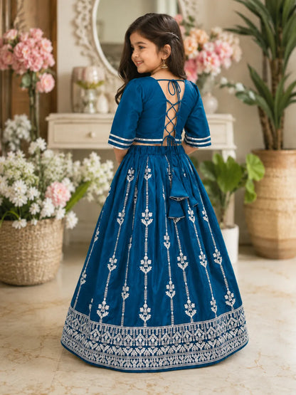 Girls Designer Ethnic Lehenga Set - Teal Blue