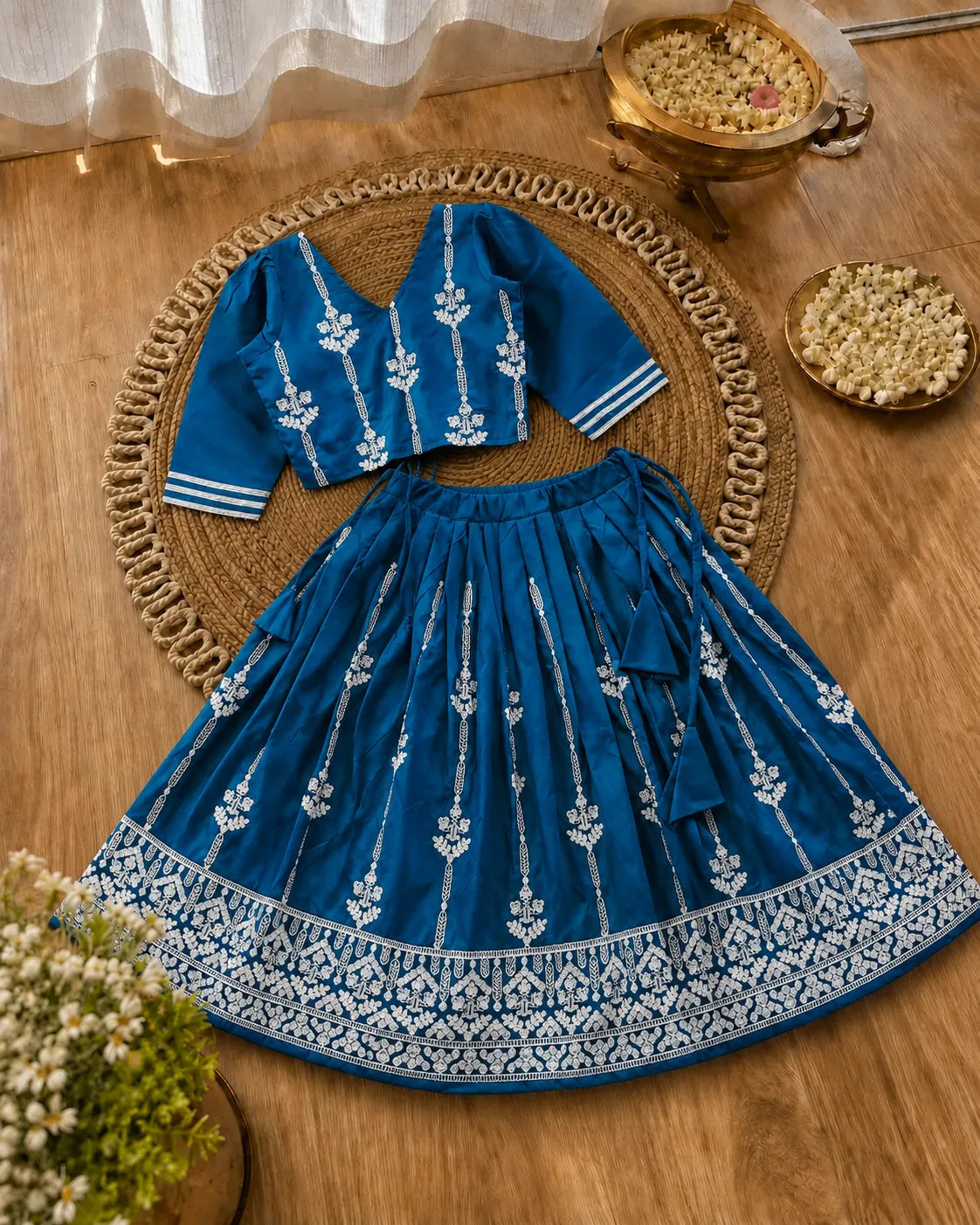 Girls Designer Ethnic Lehenga Set - Teal Blue