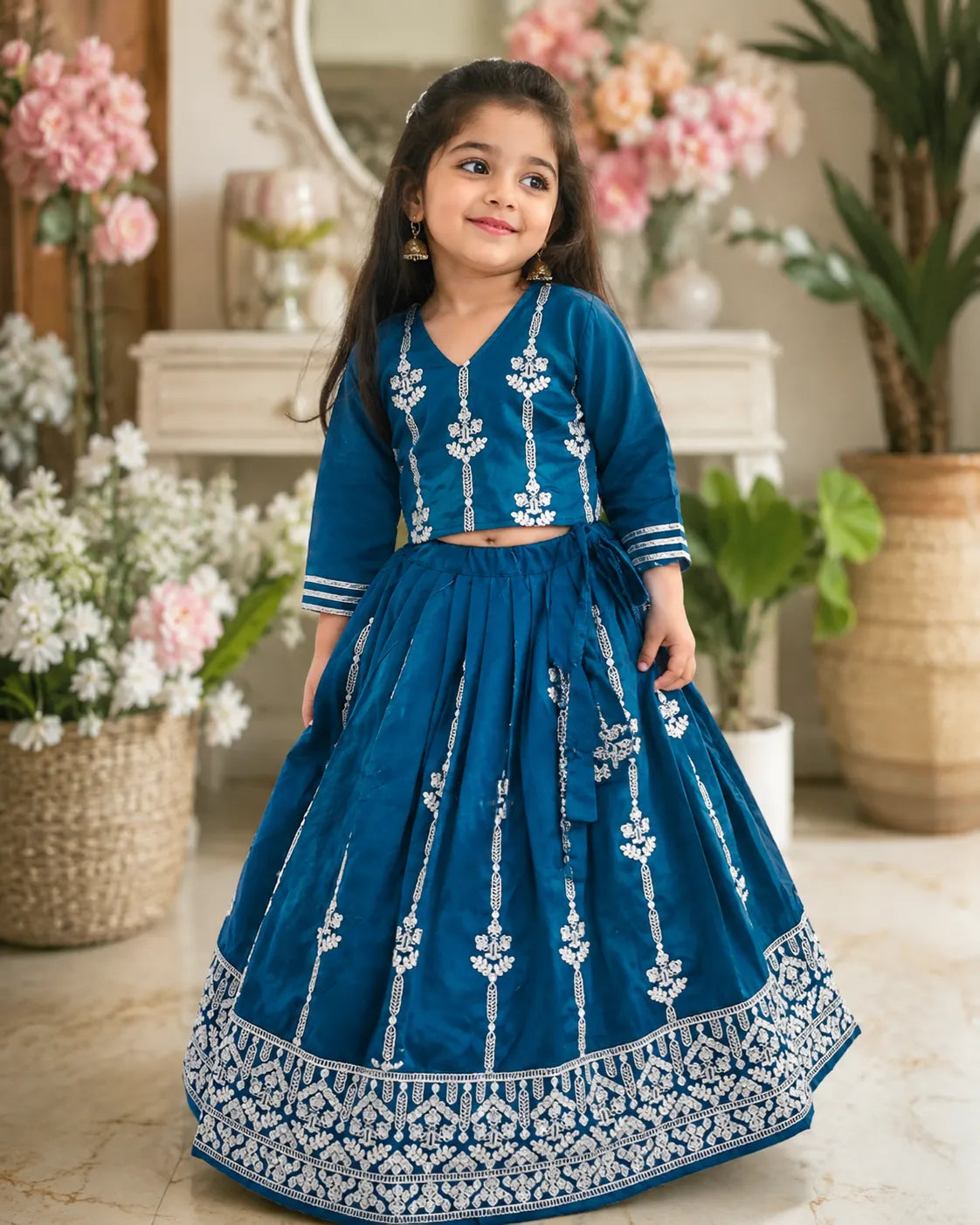 Girls Designer Ethnic Lehenga Set - Teal Blue