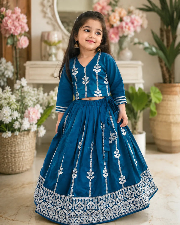 Girls Designer Ethnic Lehenga Set - Teal Blue